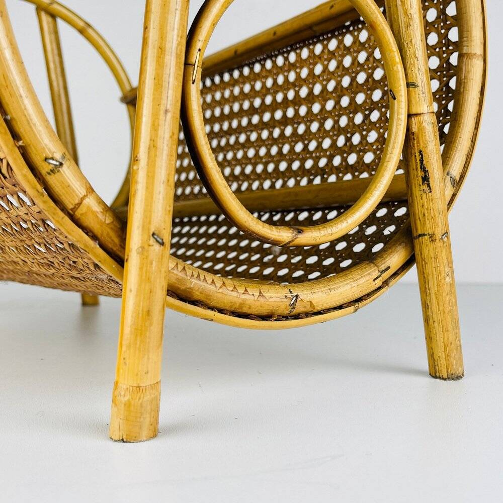 Vintage bamboo and Vienna straw magazine rack, Italy, 1960s.