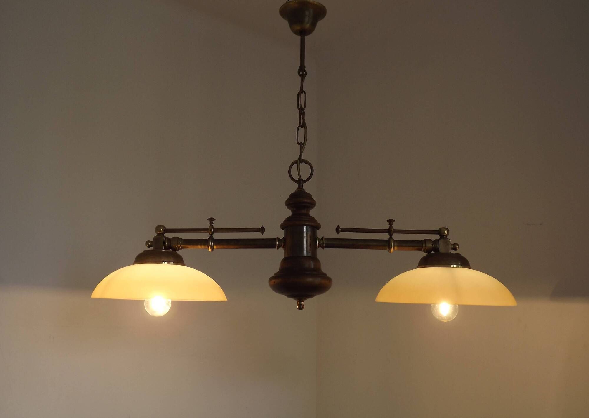 2 Light French Mid Century Extendable Billiard Light In Brass Wood & Glass