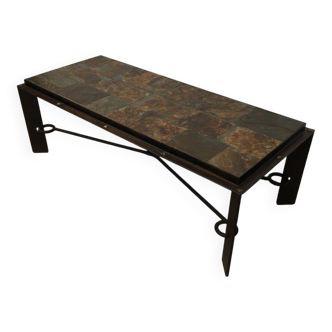 Rare coffee table in steel and wrought iron with a top made of lava stones