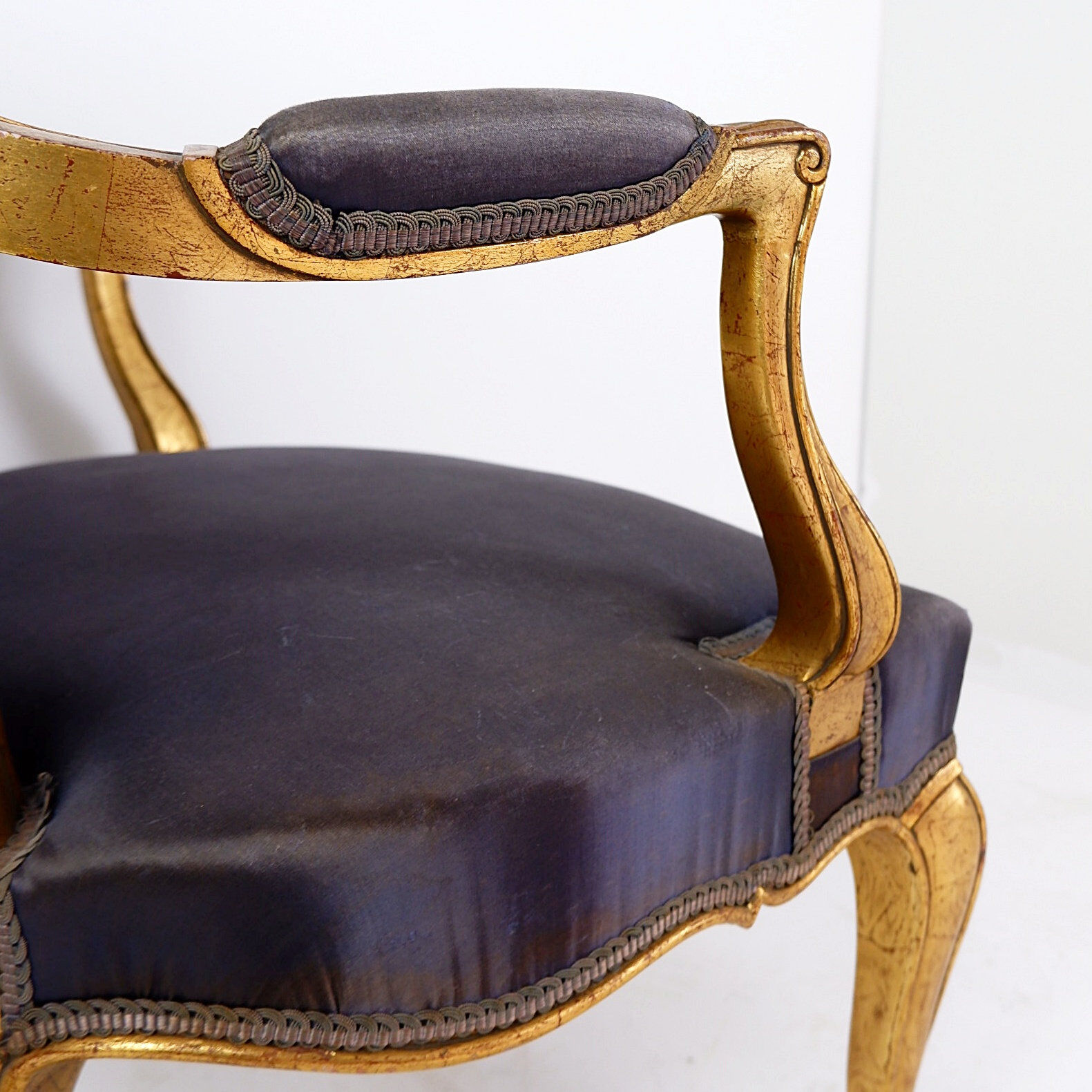 Louis XV style armchairs with original navy blue silk upholstery