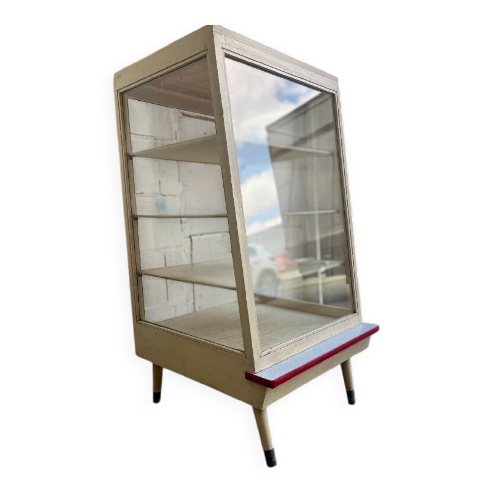 Vintage wooden shop counter, display case, shelf