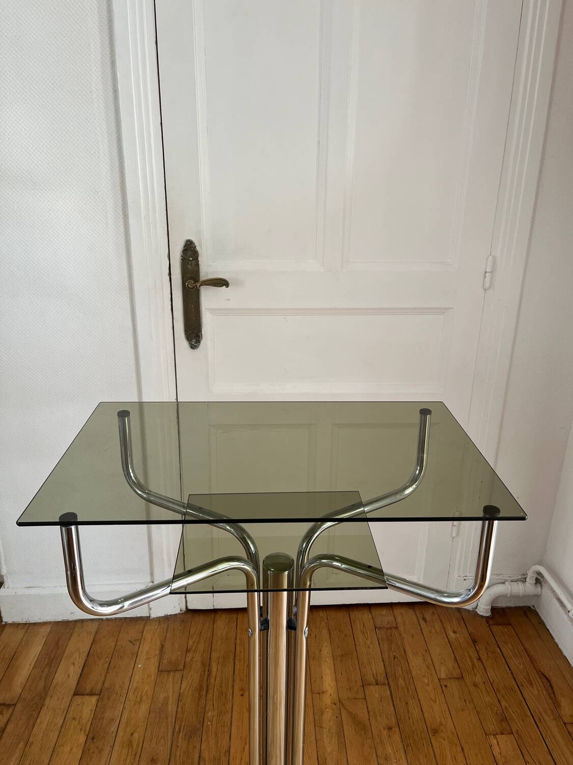Console, guéridon en métal, marbre et verre fumé, 1980