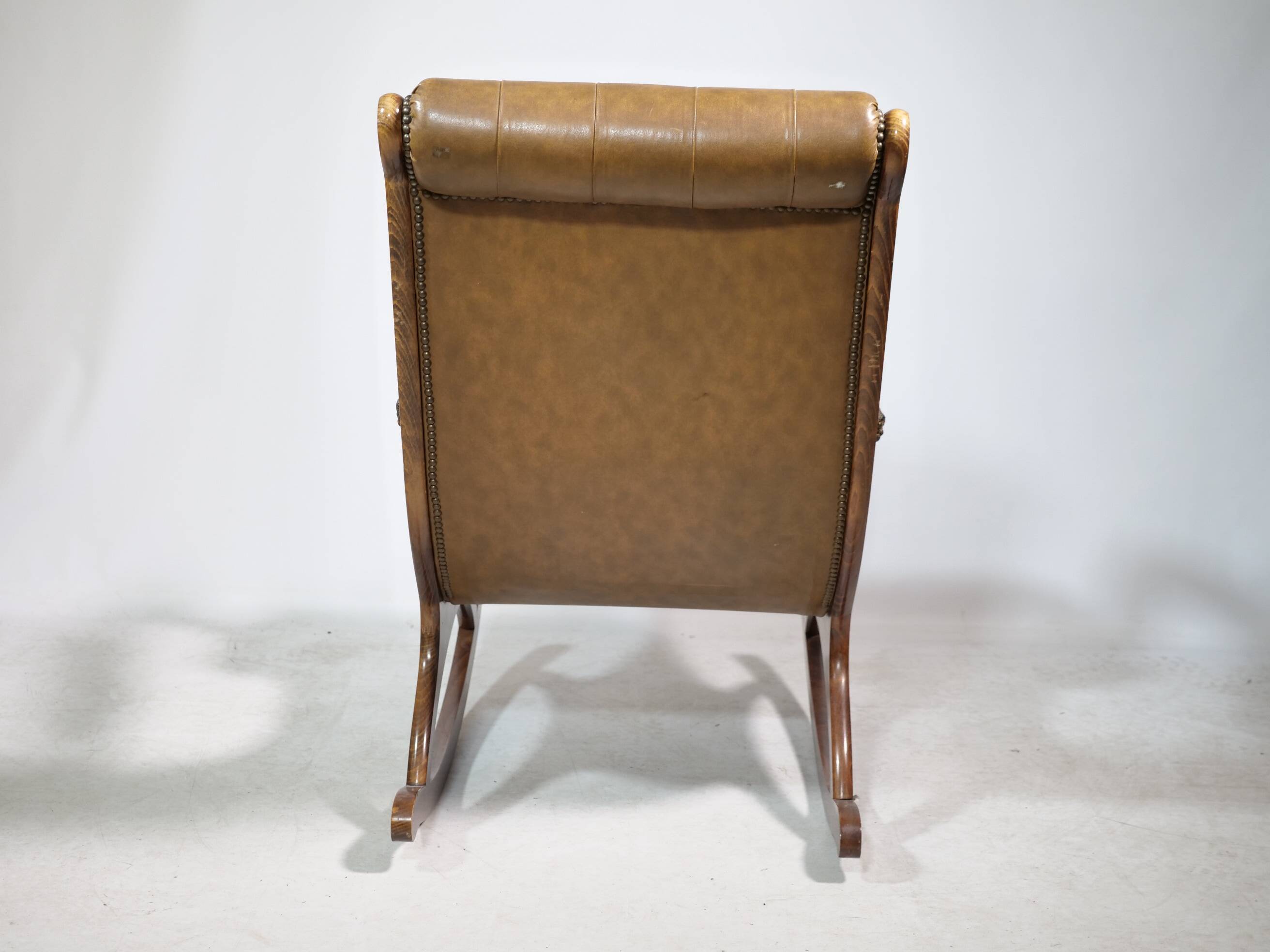 Vintage Chesterfield Design Leather Rocking Chair in Wood, 1920s