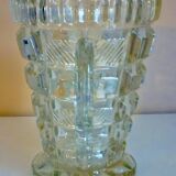 Thick, molded glass ear vase, art deco period and style, stylized leaves and grapes