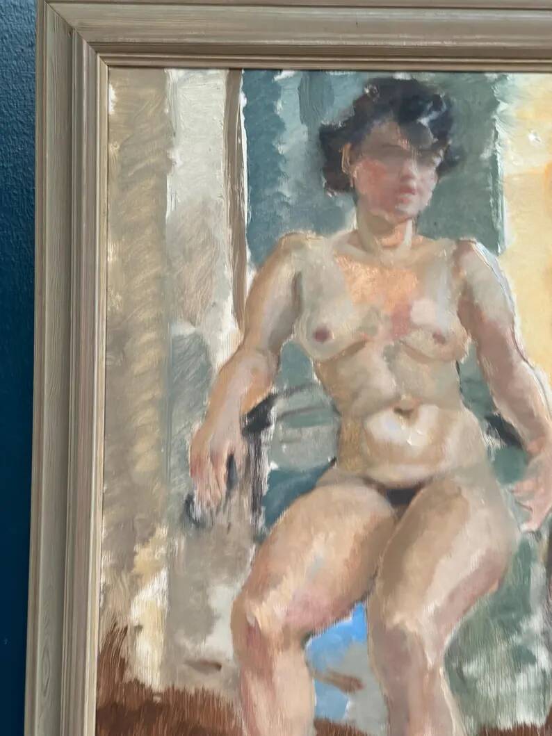 Huile sur toile originale – “Dame assise” par Sven Strömberg – Signée – Vintage et encadrée