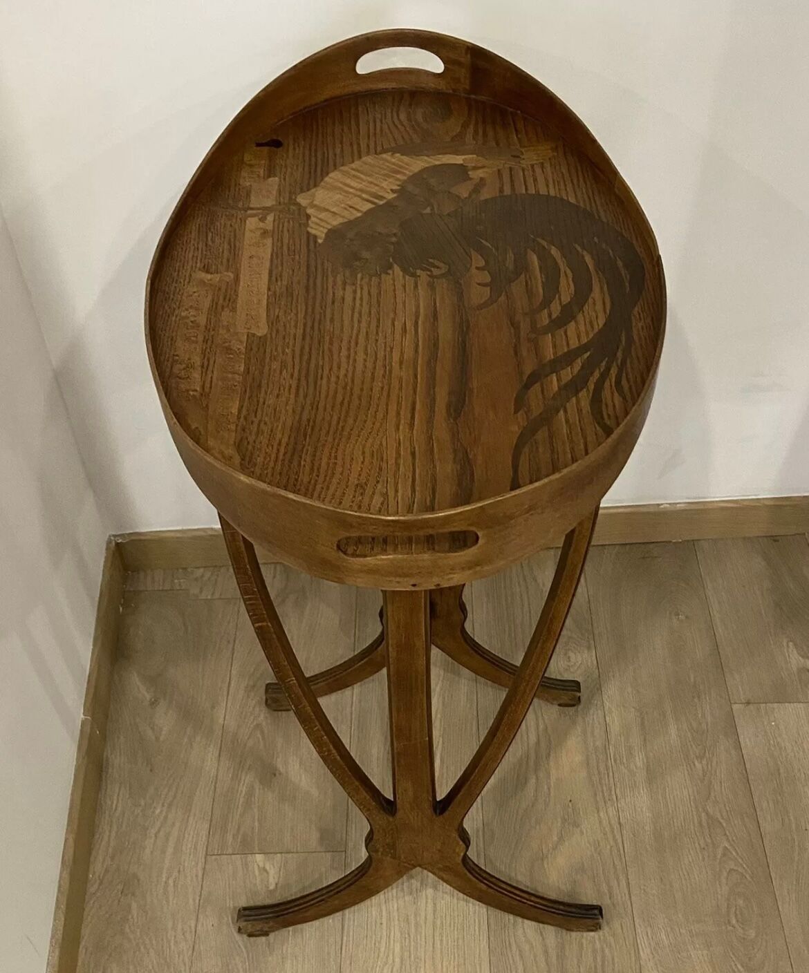 Lounge table rooster signed galle era art nouveau marquetry
