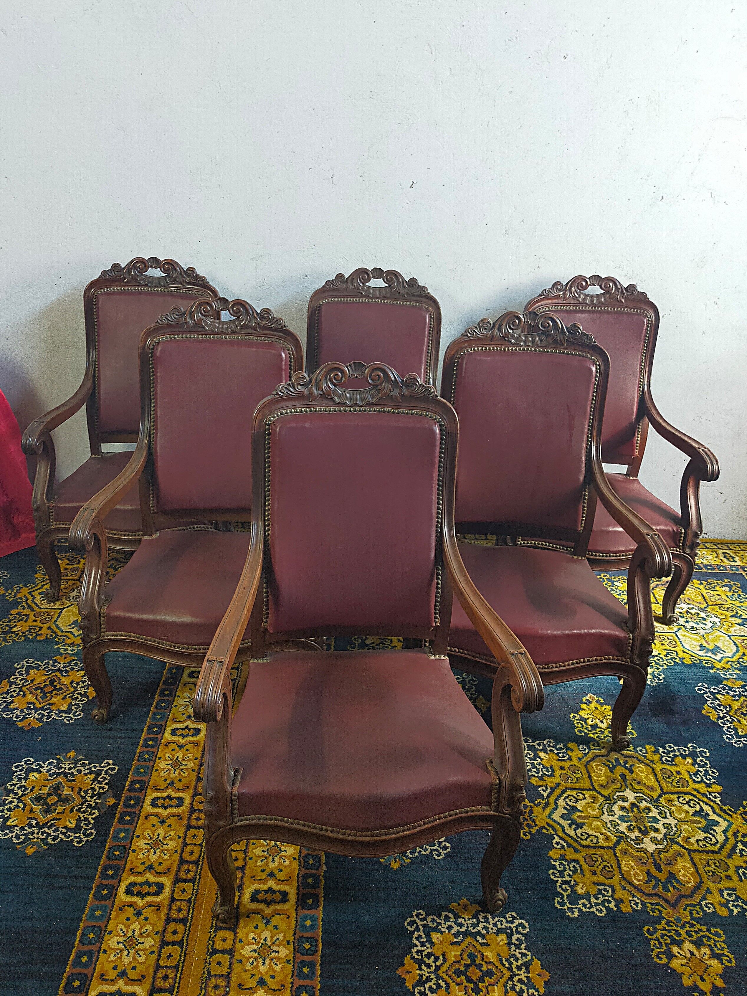 Series of 6 Louis XV armchairs in mahogany and leather