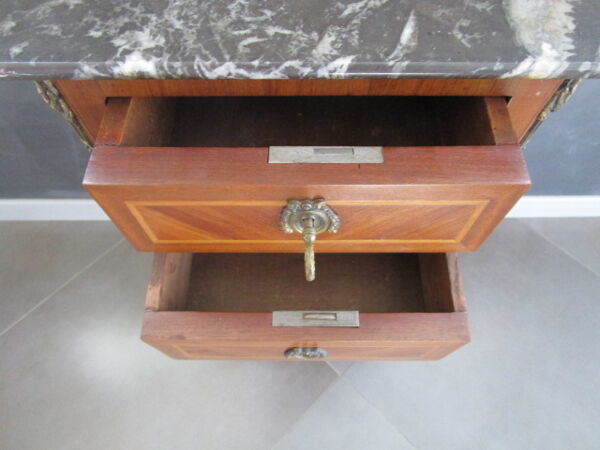 Meuble semainier ancien en bois marqueté et ornements bronze