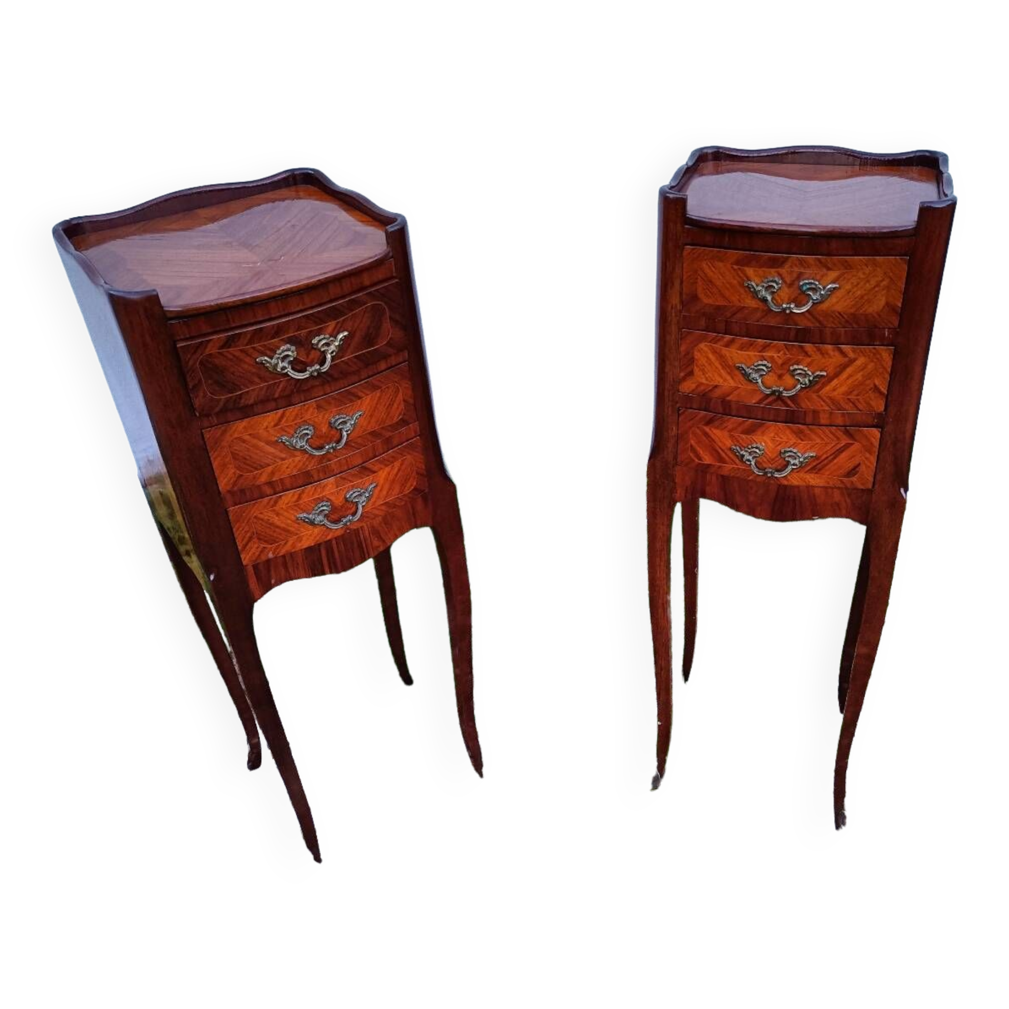 Pair of bedside tables in old Louis XV style marquetry