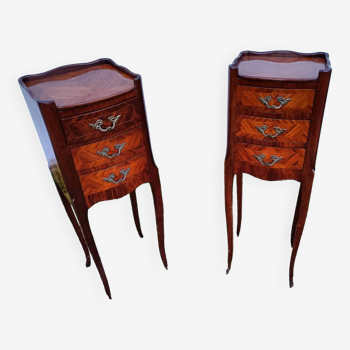 Pair of bedside tables in old Louis XV style marquetry