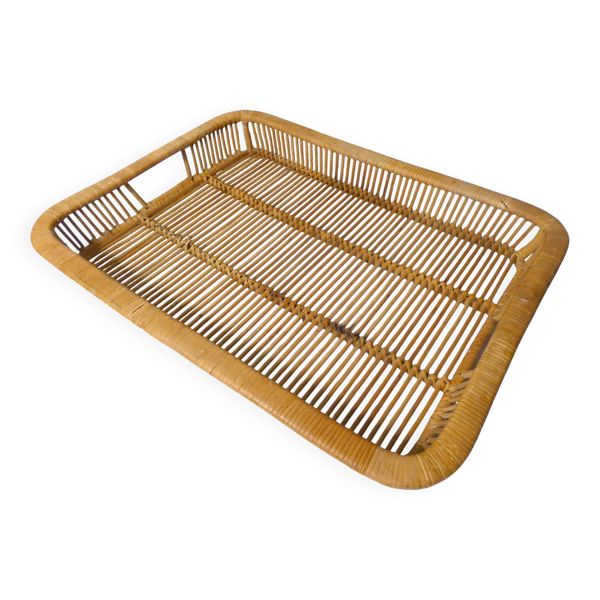 grand plateau en rotin design vintage
