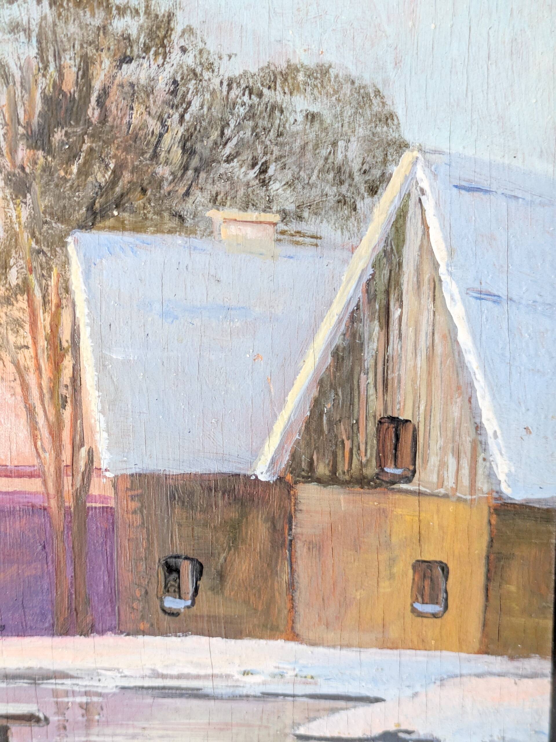 Vintage oil painting, rural winter landscape, 1960s