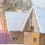 Vintage oil painting, rural winter landscape, 1960s