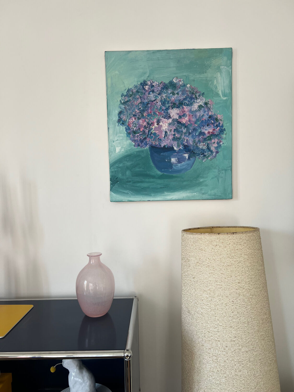 Tableau peinture à l’huile fleurs hortensias bleu