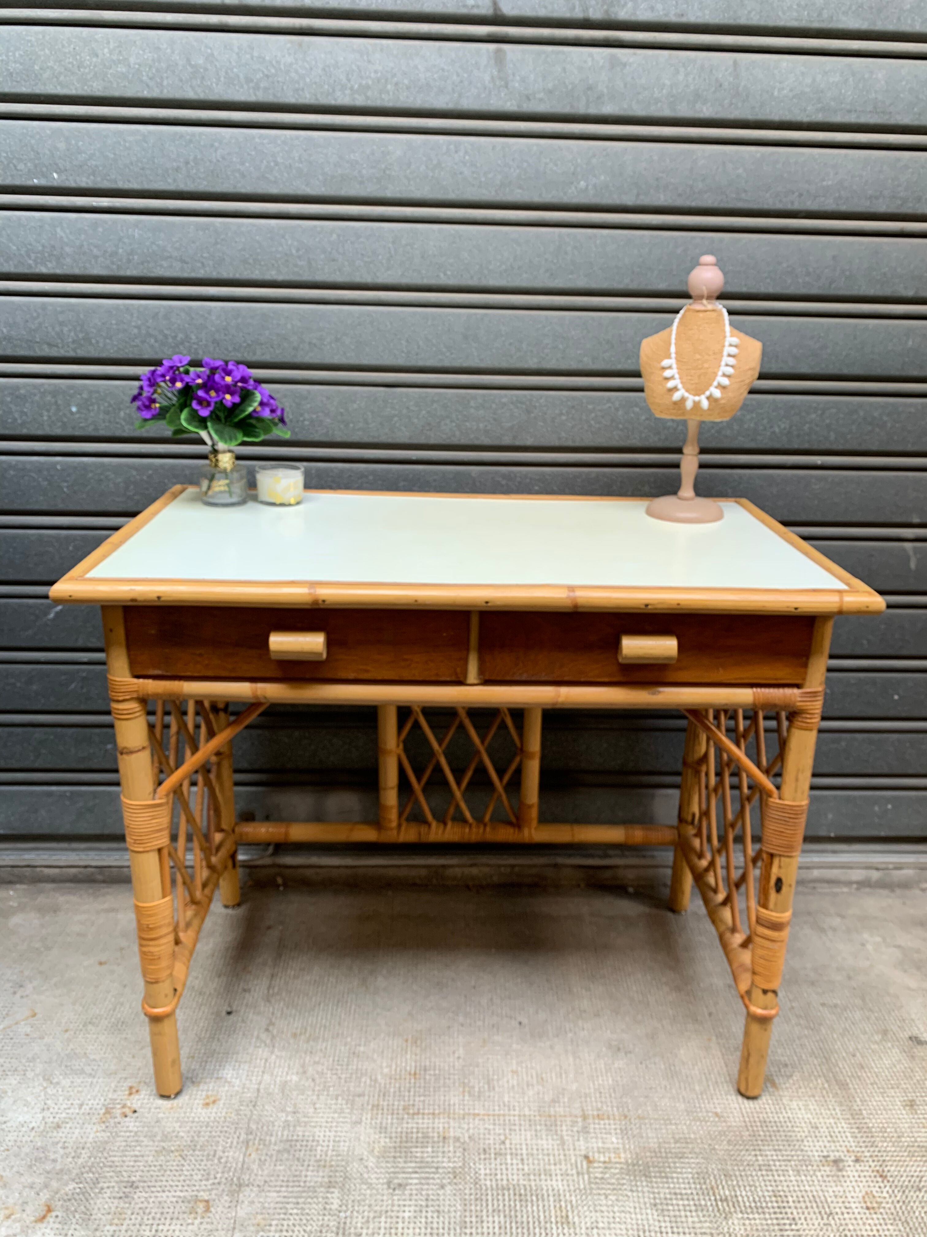 Flat desk in rattan and formica 1970s'