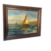 Très belle Marine - Voiliers sur la méditerranée - Huile sur Panneau ca 195