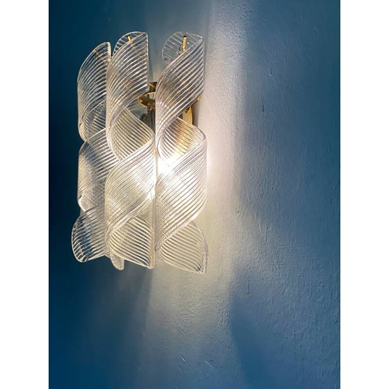 Set of Two Transparent “Ricci” Murano Glass Gold 24k Wall Sconces in Mazzega Style