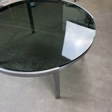 70s design round coffee table, metal and smoked glass