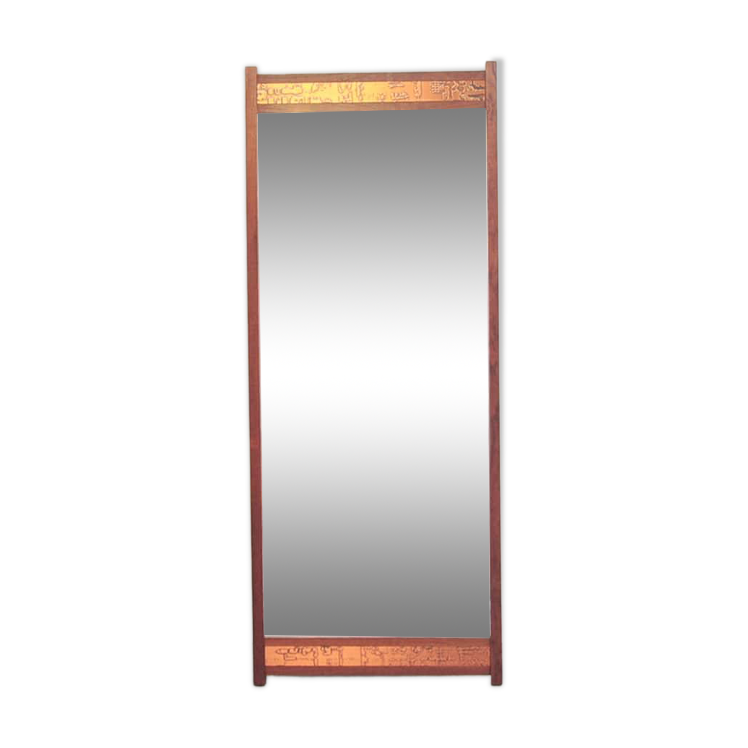 Miroir en teck avec bande en relief en cuivre