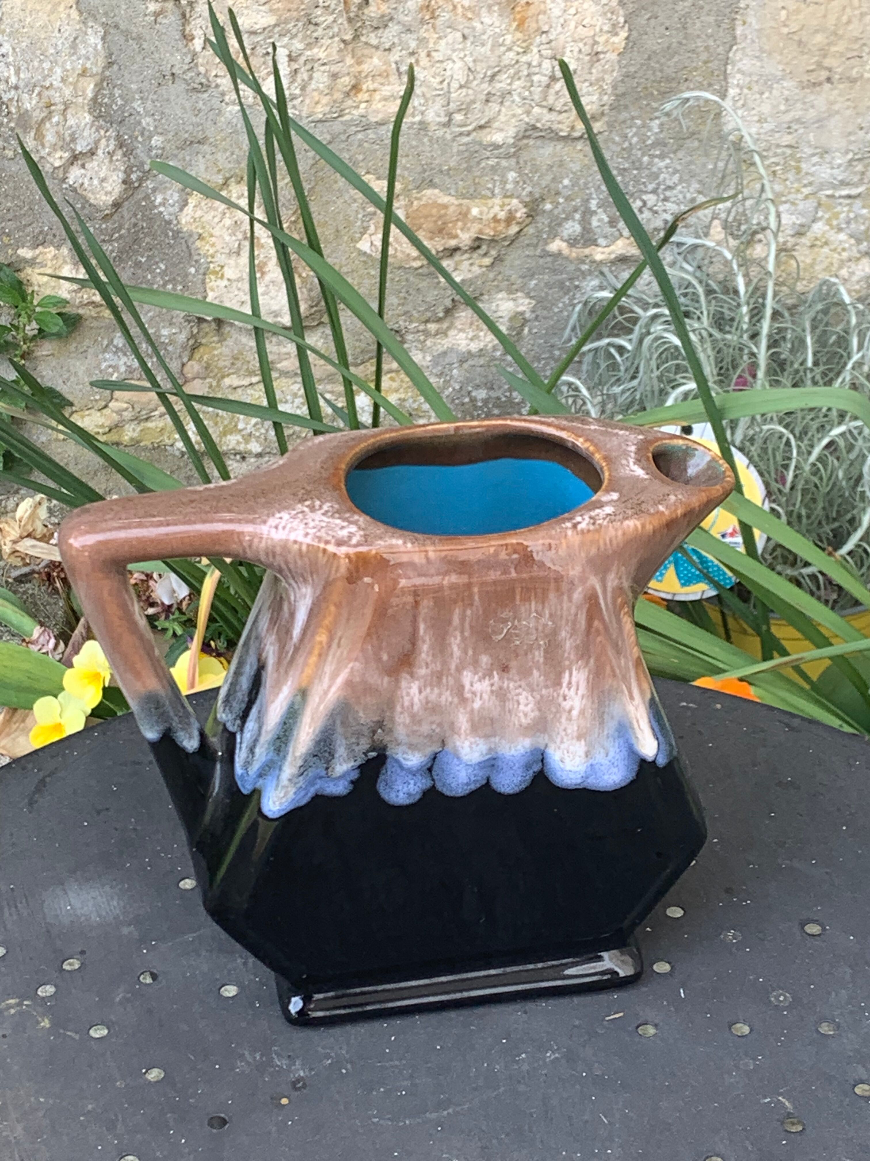 Decanter pitcher in blue and beige glazed ceramic vintage