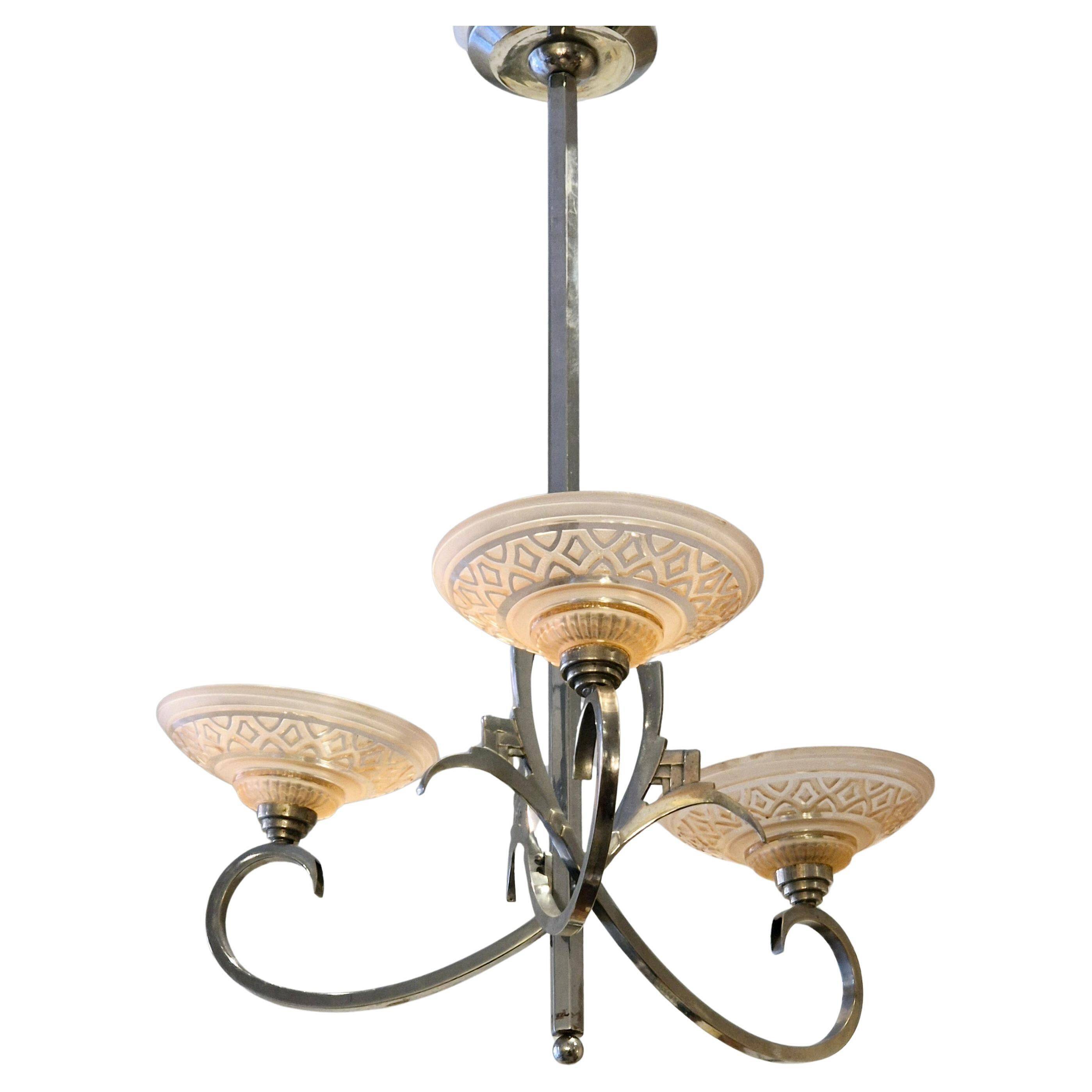 French chandelier, with pink glass shades, Art Deco