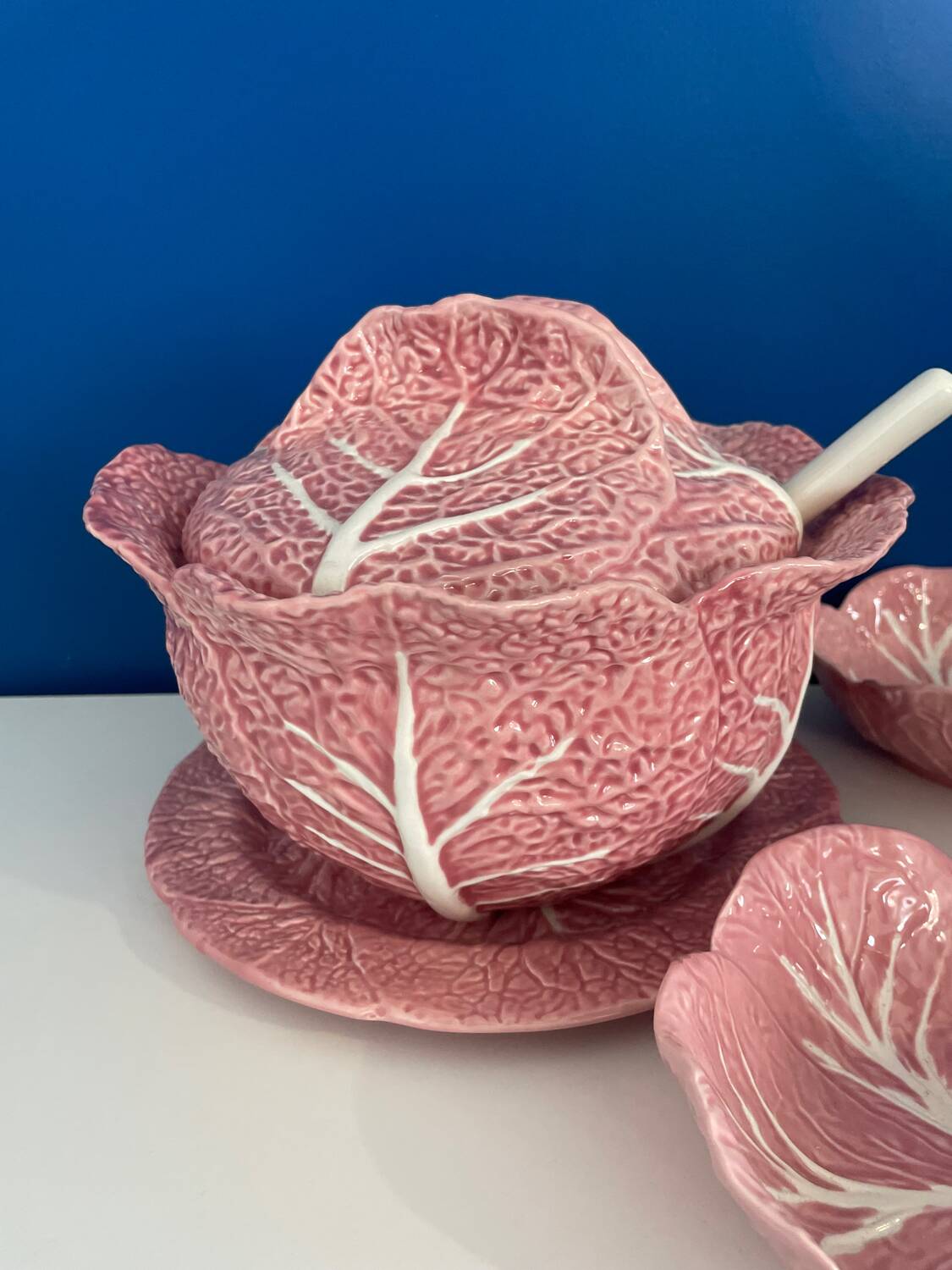 Soup tureen and bowl set with pink cabbage slip