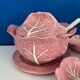 Soup tureen and bowl set with pink cabbage slip