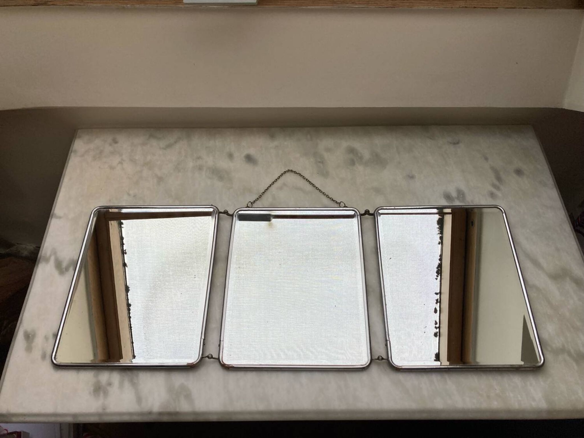 Vintage vertical beveled triptych barber mirror