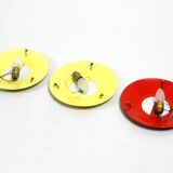 Three round 1950s wall or ceiling lamps made of metal and plexiglass shades