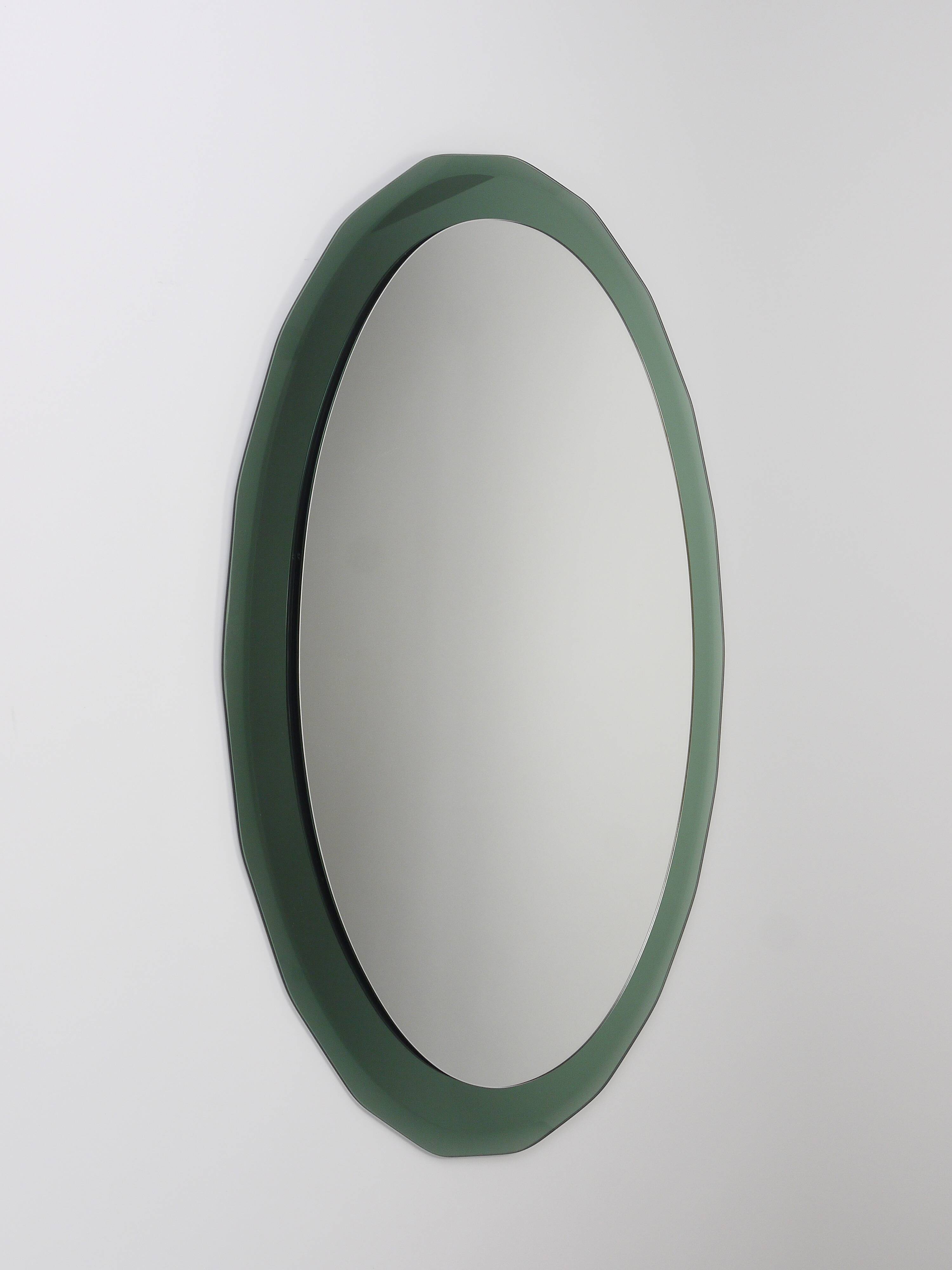 Cristal Arte Oval Green Grey Mid-Century Scalloped Wall Mirror, Italy, 1960
