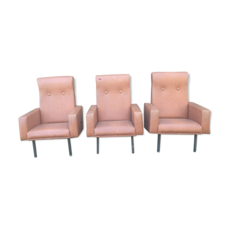 Trio of vintage armchairs in brown skai