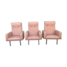 Trio of vintage armchairs in brown skai