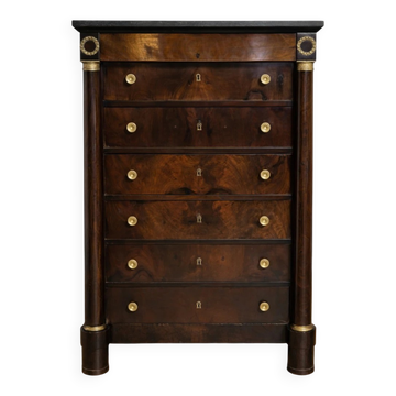 Empire period chest of drawers, early 19th century, in flame mahogany.