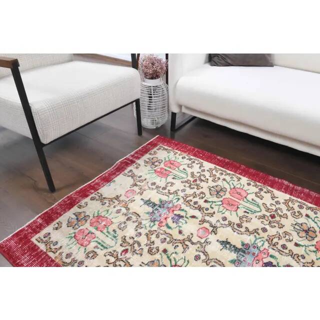 Vintage Turkish Oushak Handmade Wool Cotton Red Area Rug 107x191