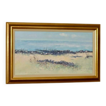 Mid-Century Swedish Original Painting Oil on Canvas "Beach in the Parish of Gårdby" by Jim Ronald Lindholm -- vintage and framed
