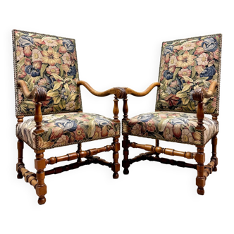 Pair Of Louis XIII Style Walnut Armchairs XIX Eme Century
