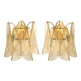 Set of Two Amber “Rondini” Murano Glass Gold Wall Sconces in Mazzega Style