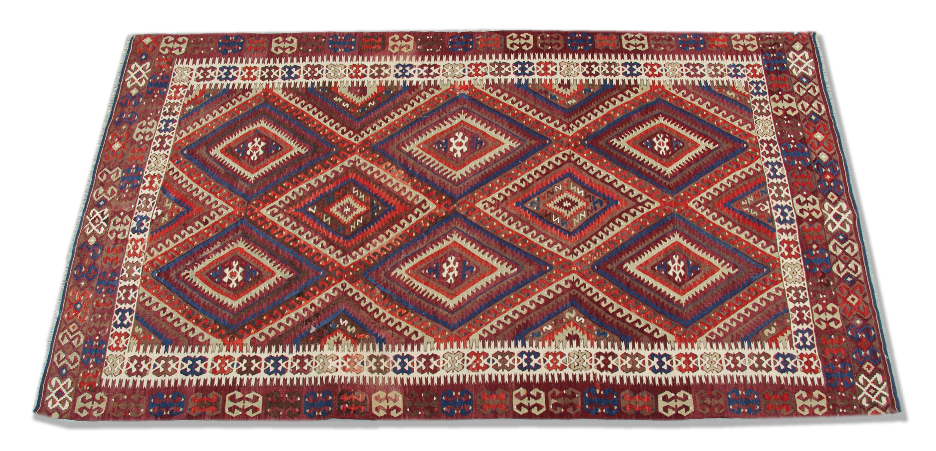 Anatolian Kilim Rug: 1900s Turkish Wool Flatweave, Geometric Tribal Design