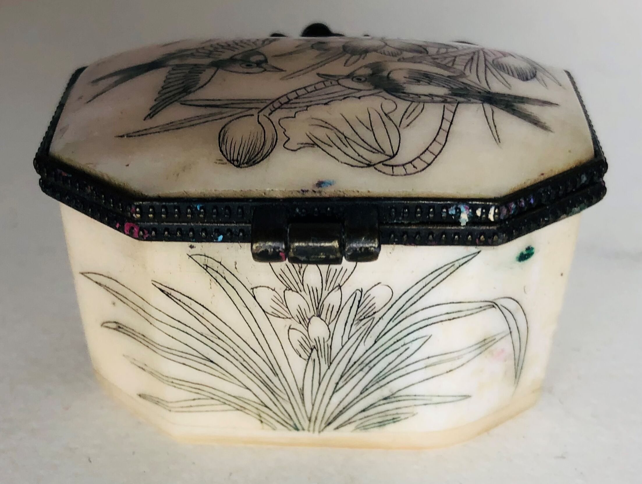 Engraved bone pill box