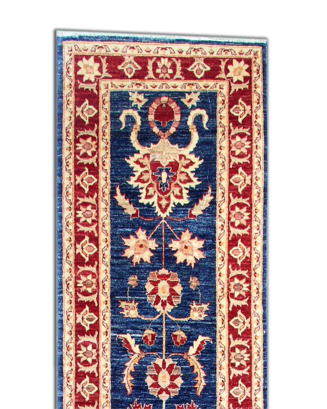 Blue Floral Hand-Knotted Runner, Traditional Wool Hallway Stair Rug 78x386