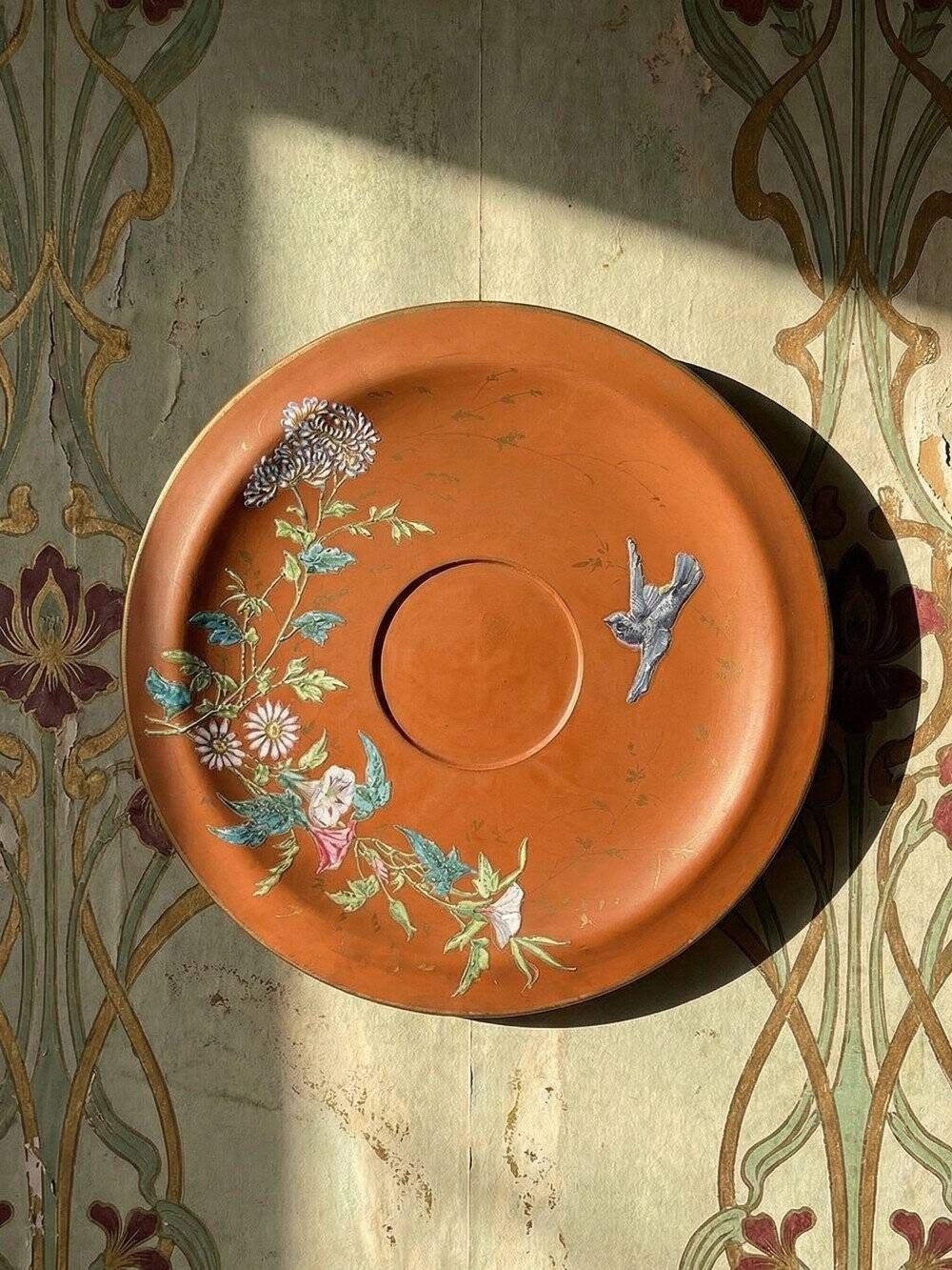 Large clay/terracotta dish with Japanese-style glazing, Art Nouveau.
