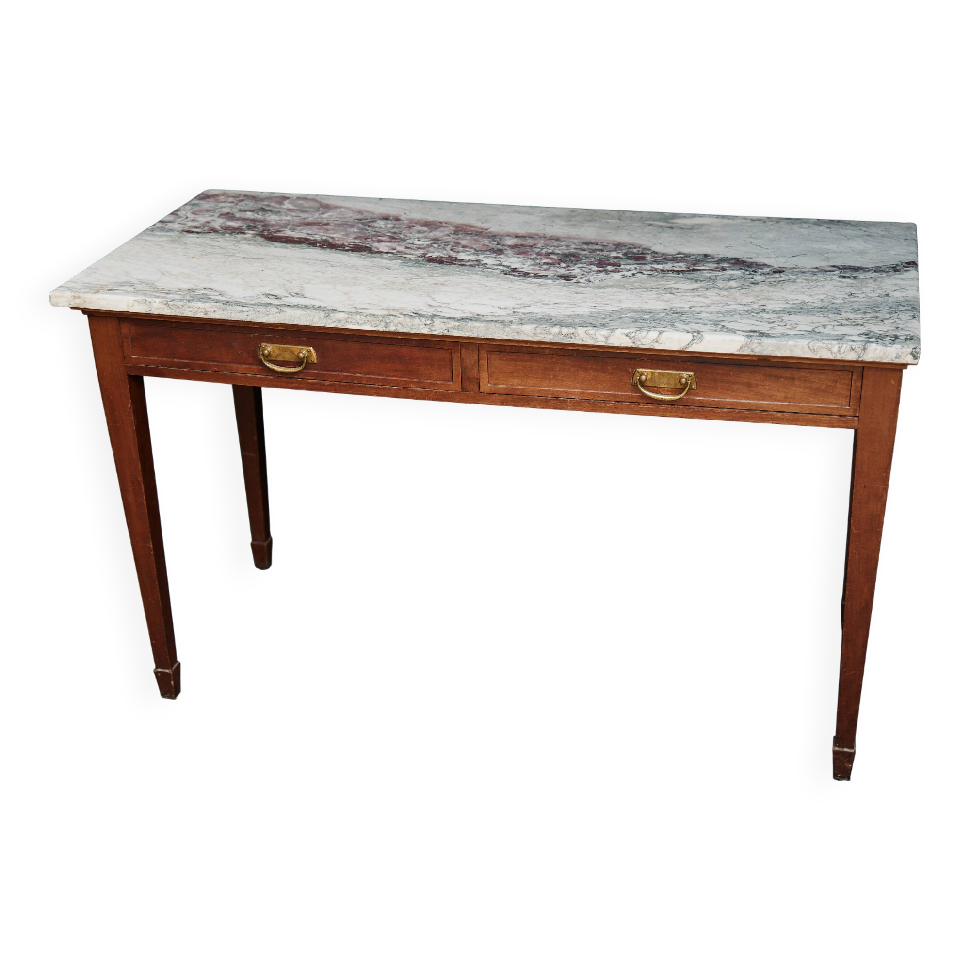 Bureau ancien en marbre et bois avec poignées en laiton