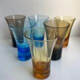 Set of 6 colored and engraved design shot glasses 60s-70s