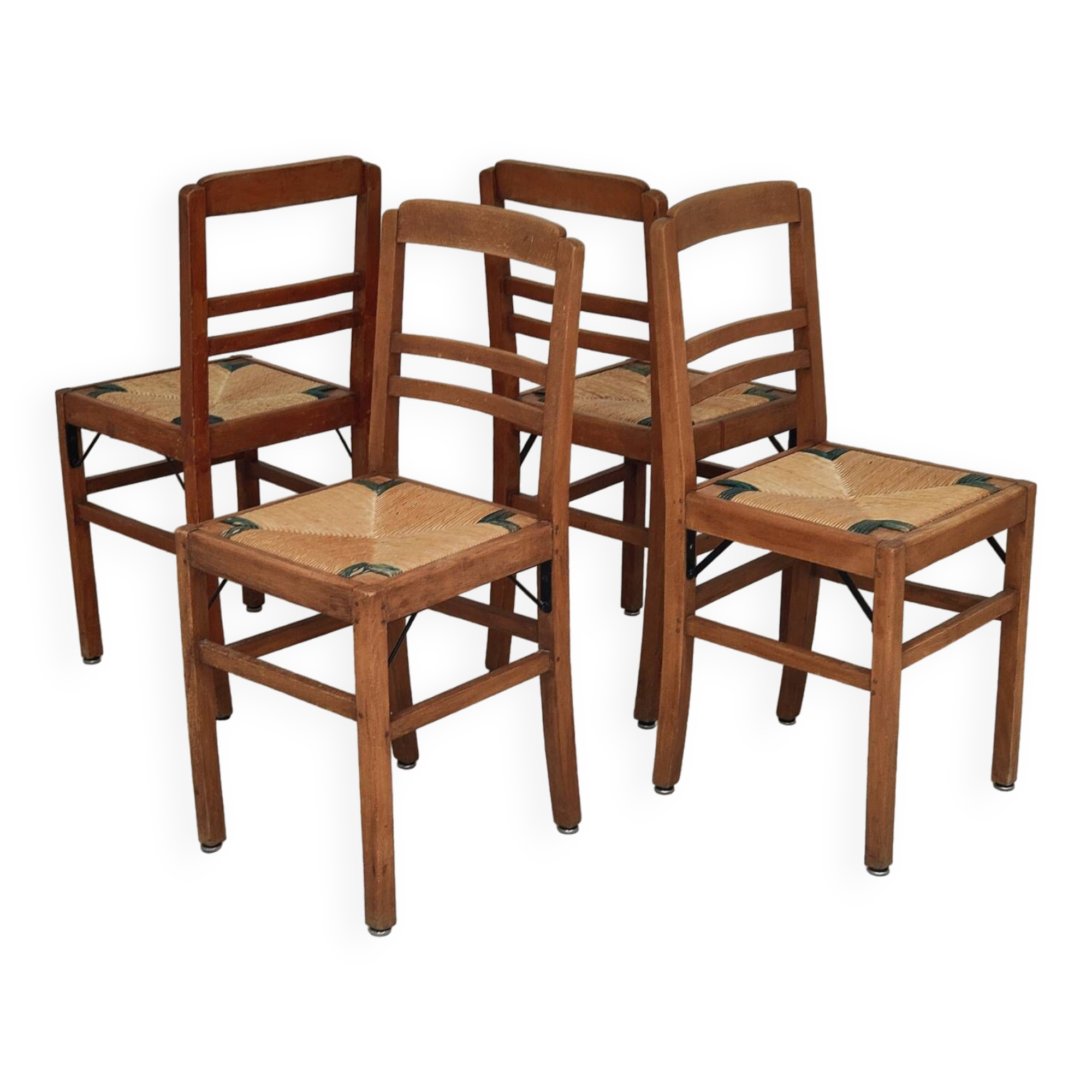 Set of 4 designer oak and straw chairs from the 1950s