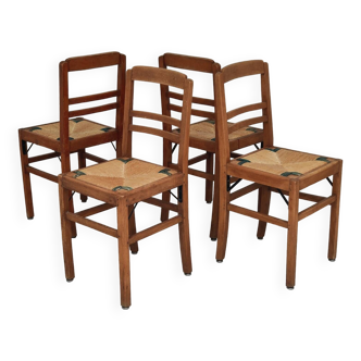Set of 4 designer oak and straw chairs from the 1950s