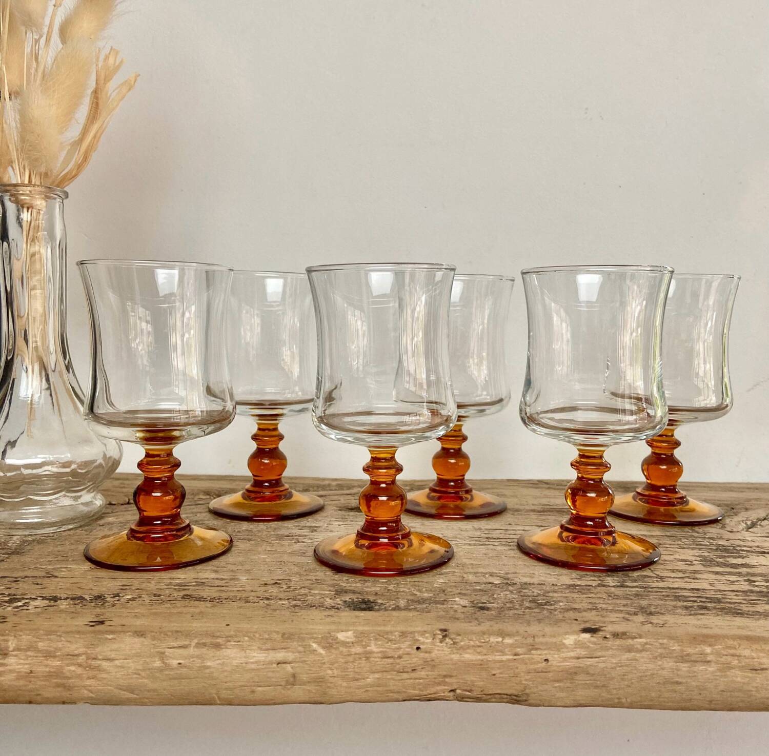 6 small vintage amber stemmed glasses