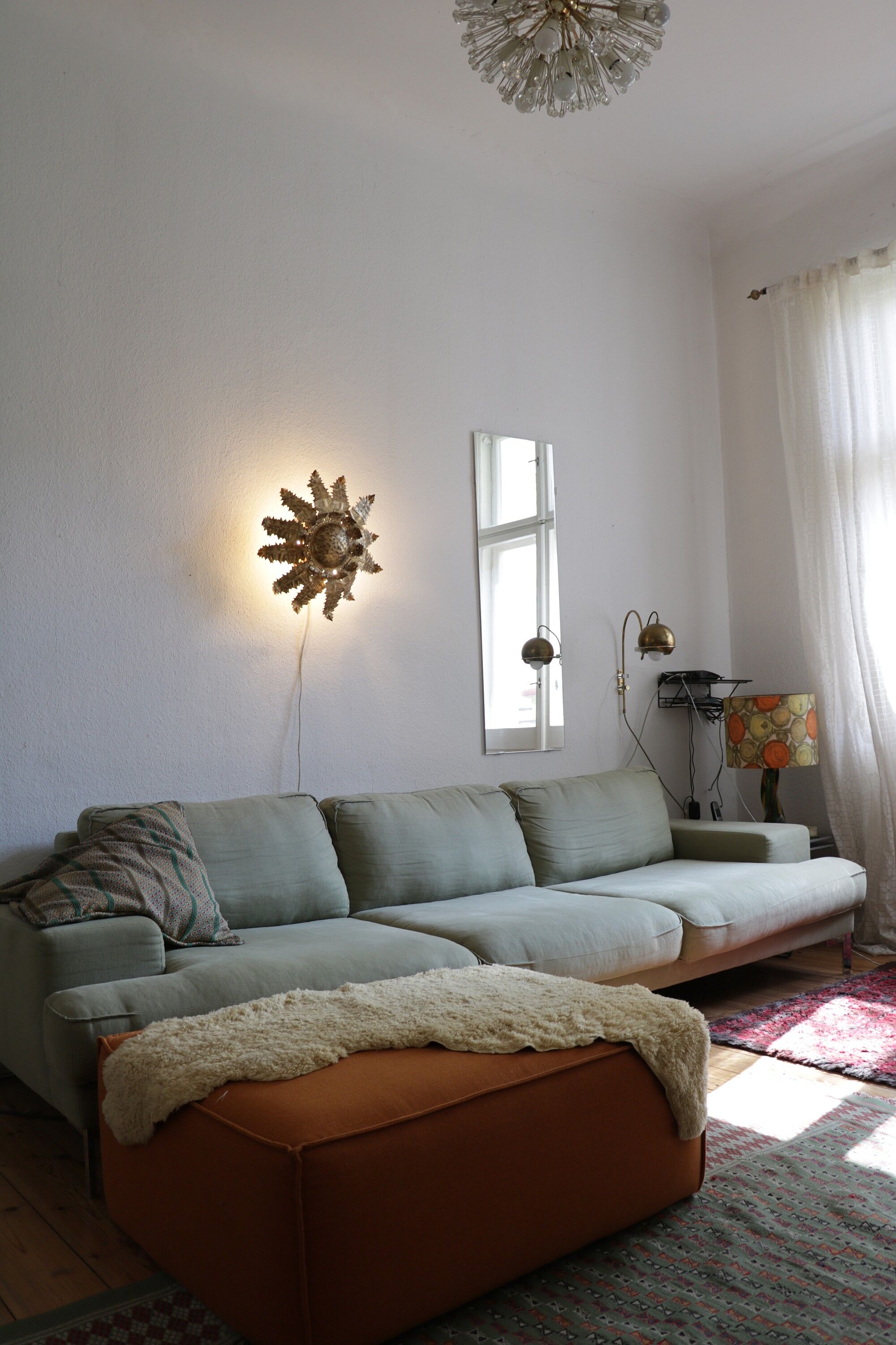 Vintage sunburst ceiling light, gold, floral pattern, 50s brutalism