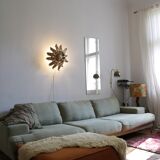 Vintage sunburst ceiling light, gold, floral pattern, 50s brutalism