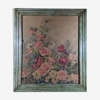 Aquarelle bouquet de roses signée et datée 1909 - 82cmx72 cm