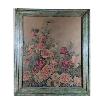 Watercolor bouquet of roses signed and dated 1909 - 82cmx72 cm